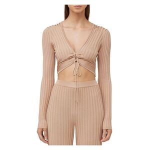 SIGNIFICANT OTHER Womens Beige Center Tie Long Sleeve Crop Top 6